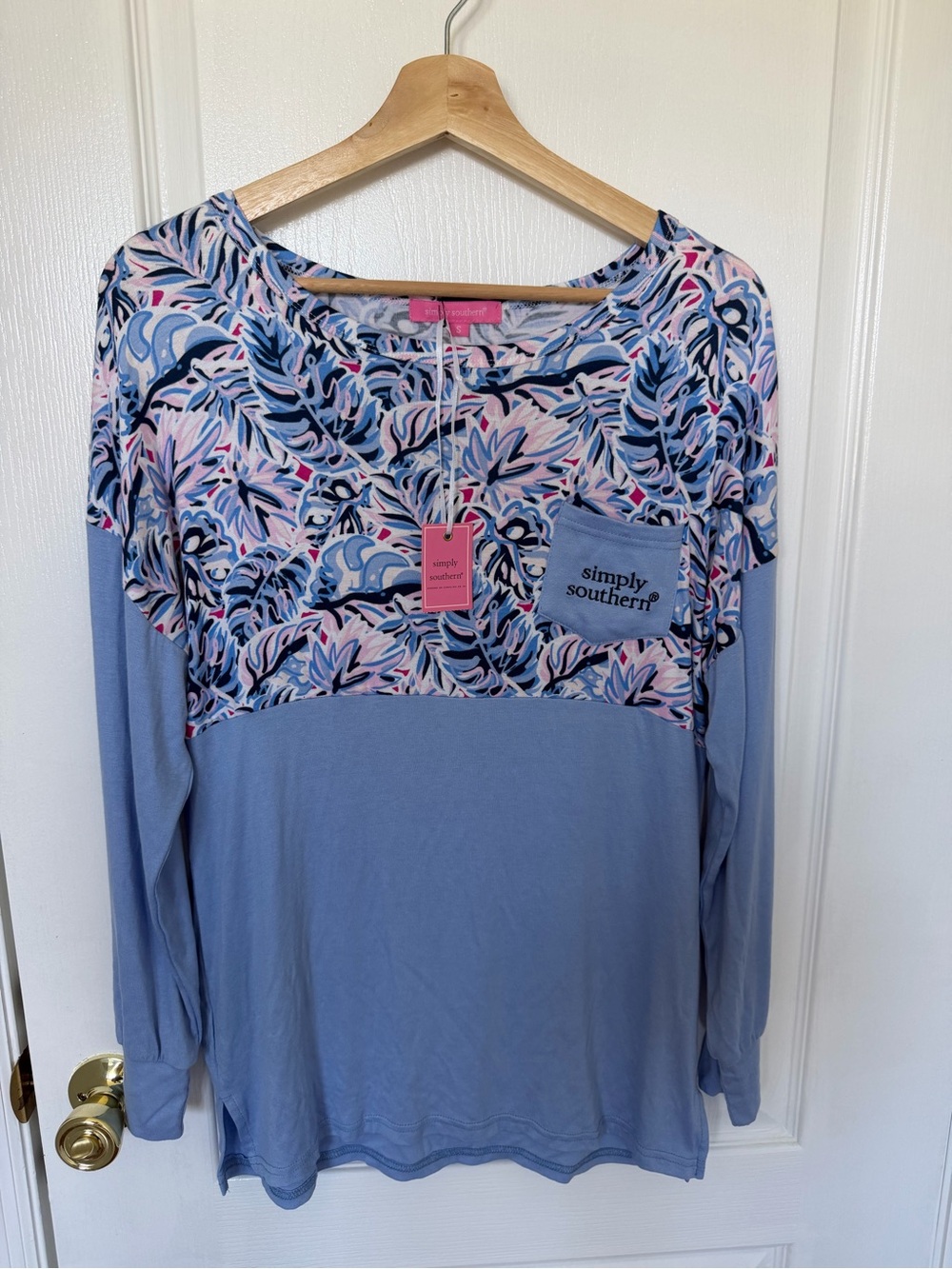 Simply Southern Light Blue Floral Panel Long Sleeve Top - Picture 6 of 7